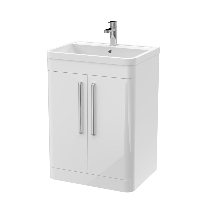 Nuie Parade 600mm 2 door floor standing vanity unit with polymarble basin in Gloss White