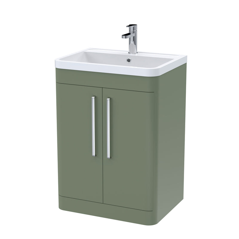 Nuie Parade 600mm 2 door floor standing vanity unit with polymarble basin in Satin Green