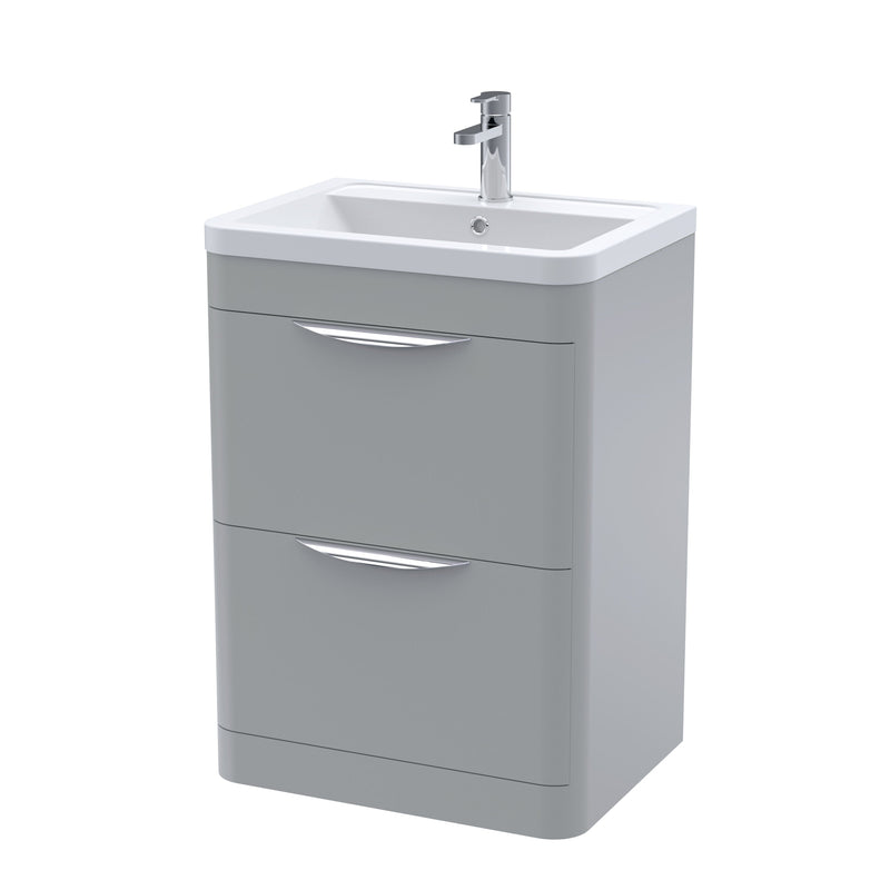 Nuie Parade 600mm 2 drawer floor standing vanity unit with ceramic basin in Satin Grey