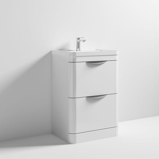 Nuie Parade 600mm 2 drawer floor standing vanity unit with polymarble basin in Gloss White