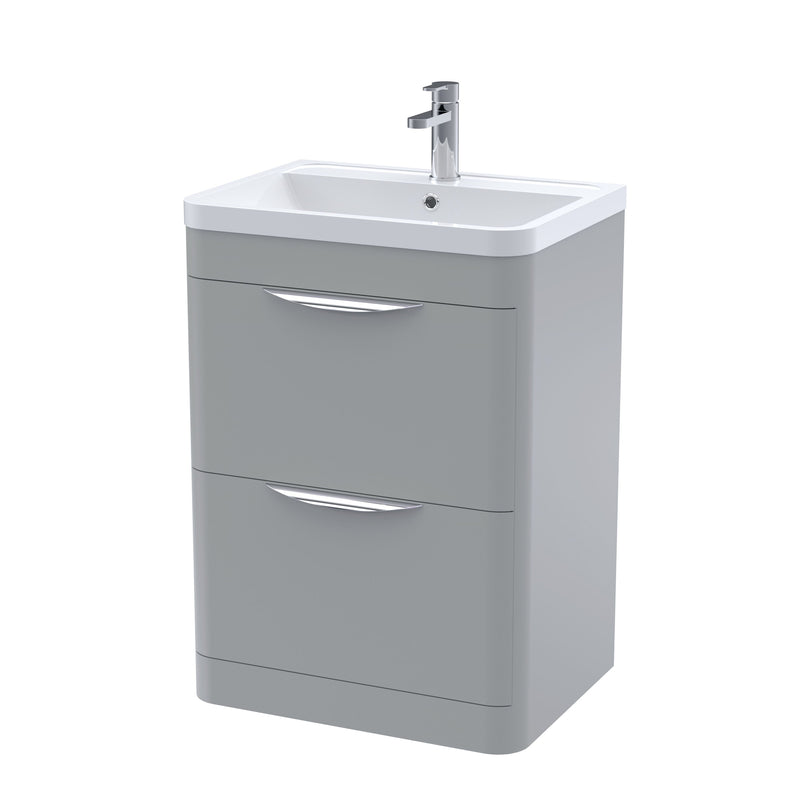 Nuie Parade 600mm 2 drawer floor standing vanity unit with polymarble basin in Satin Grey
