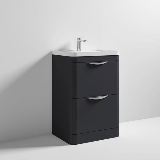 Nuie Parade 600mm 2 drawer floor standing vanity unit with polymarble basin in Soft Black