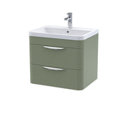 Nuie Parade 600mm 2 drawer wall hung vanity unit with ceramic basin in Satin Green