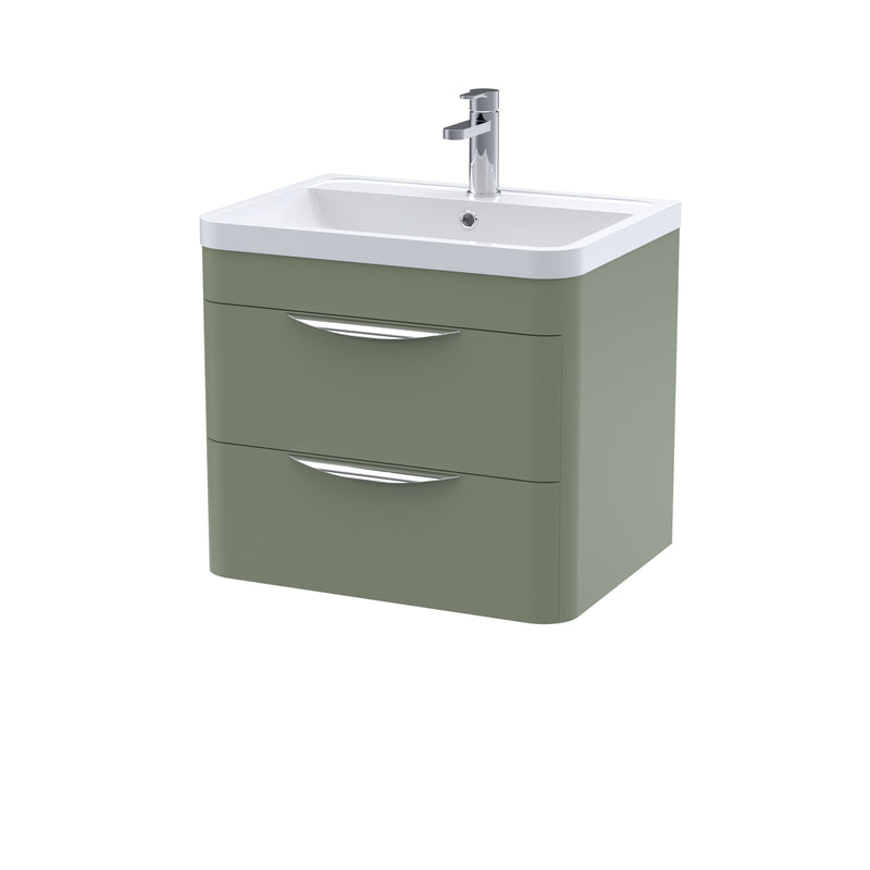 Nuie Parade 600mm 2 drawer wall hung vanity unit with ceramic basin in Satin Green