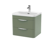 Nuie Parade 600mm 2 drawer wall hung vanity unit with thin edge basin in Satin Green