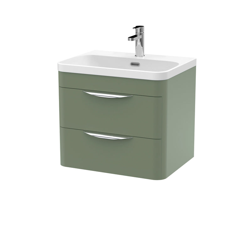 Nuie Parade 600mm 2 drawer wall hung vanity unit with thin edge basin in Satin Green