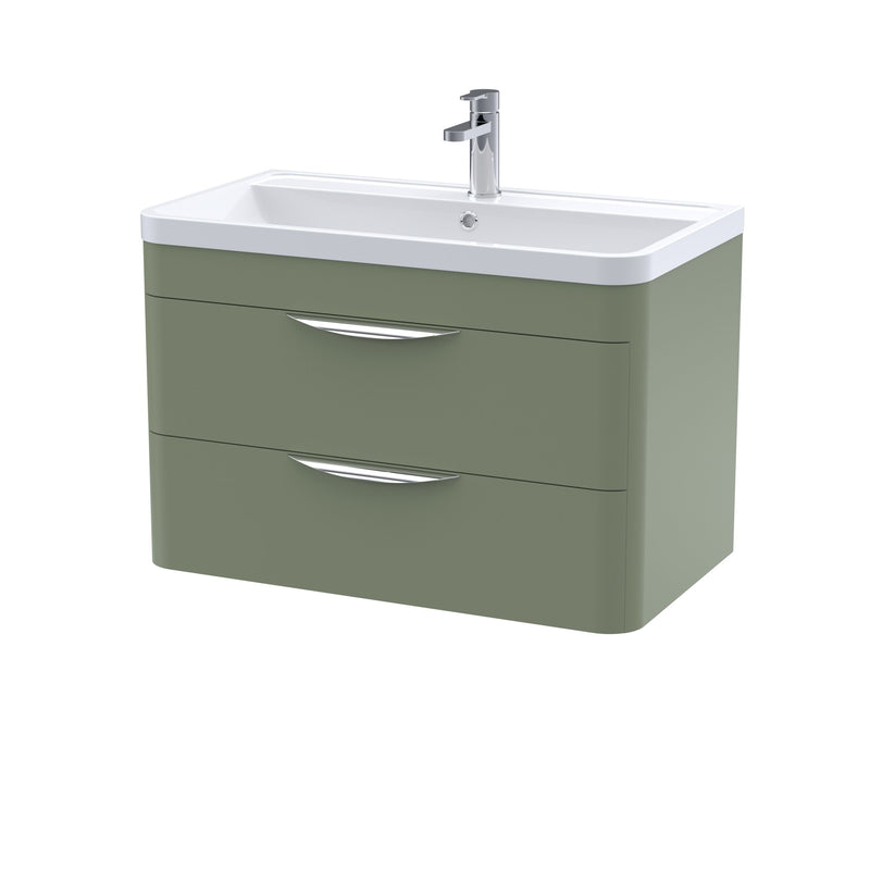 Nuie Parade 800mm 2 drawer wall hung vanity unit with ceramic basin in Satin Green