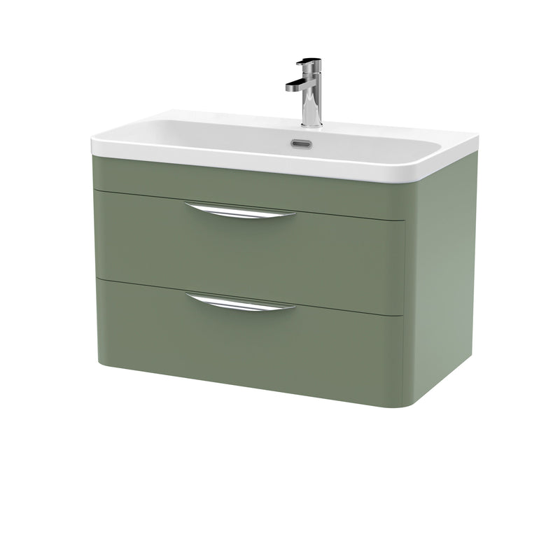 Nuie Parade 800mm 2 drawer wall hung vanity unit with thin edge basin in Satin Green