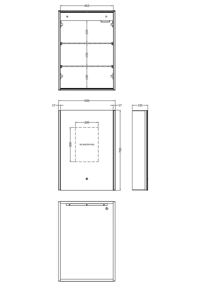 Nuie Pavo 500 x 700mm Mirror Cabinet with Demister (LQ093) line drawing