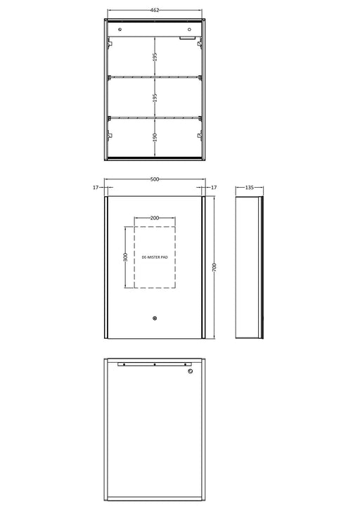 Nuie Pavo 500 x 700mm Mirror Cabinet with Demister (LQ093) line drawing