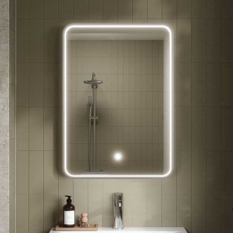 Nuie Pictor 500x700mm LED touch sensor mirror in a contemporary bathroom