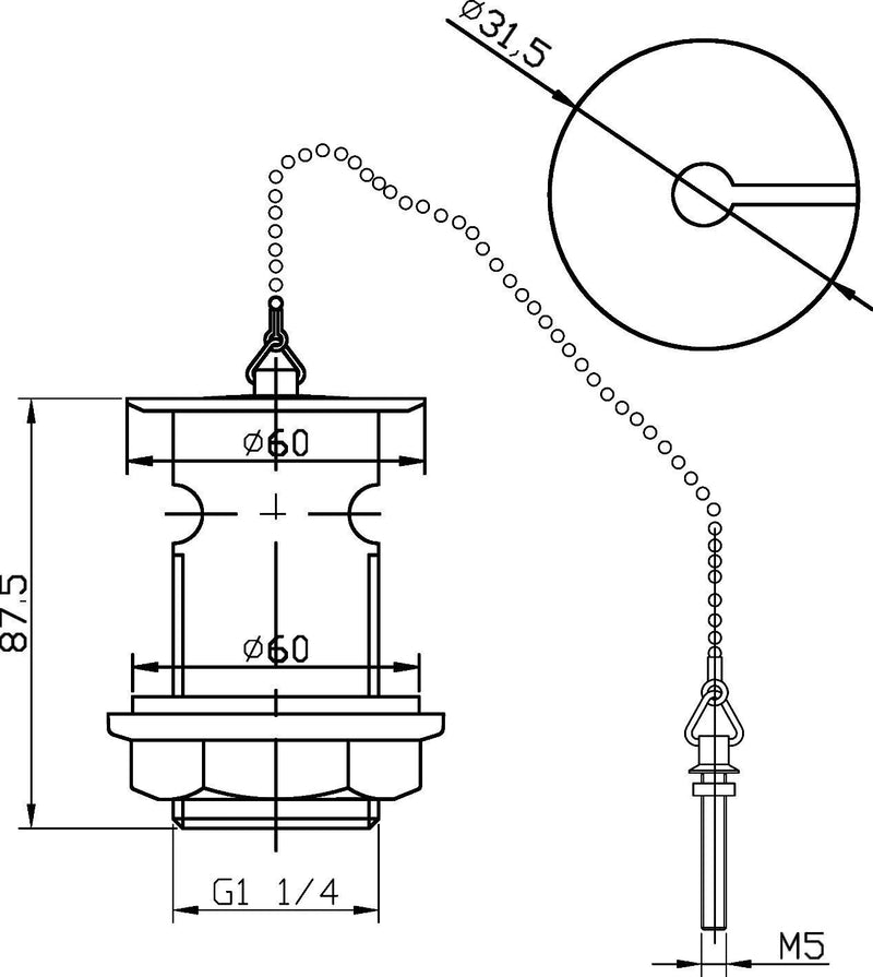 Nuie Plug & Chain Basin Waste Chrome (E303) line drawing