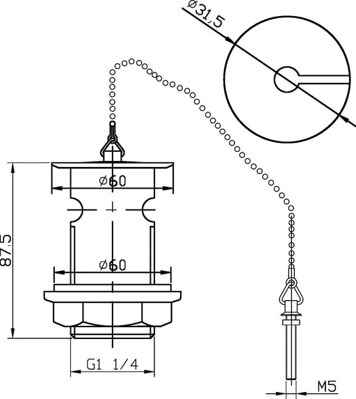 Nuie Plug & Chain Basin Waste Chrome (E303) line drawing