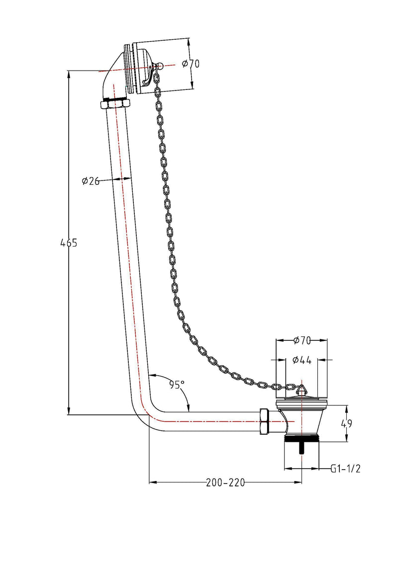 Nuie Plug & Chain Bath Waste Chrome (EA385) line drawing