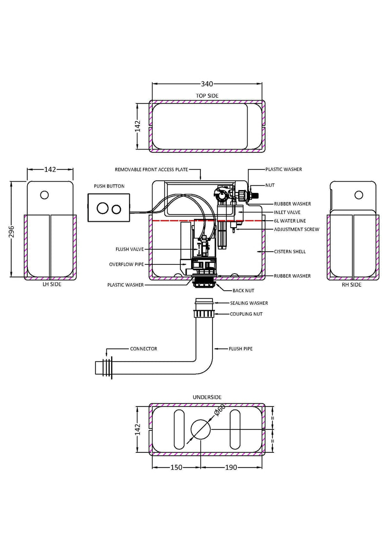 Nuie Pneumatic Concealed Cistern with Chrome Round Dual Flush Button dimensioned line drawing