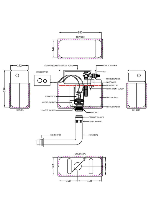 Nuie Pneumatic Concealed Cistern with Chrome Round Dual Flush Button dimensioned line drawing