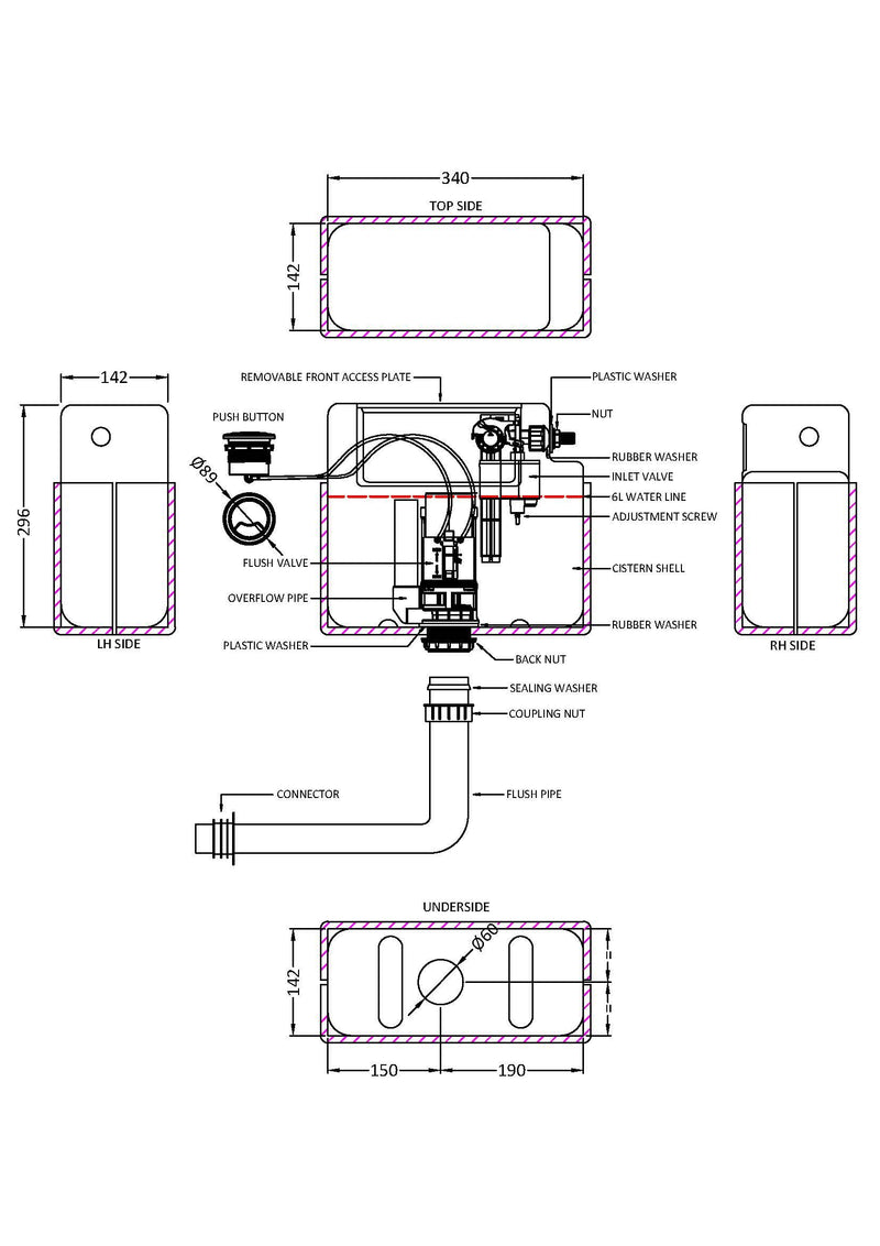 Nuie Pneumatic Concealed Cistern with Shroud dimensioned line drawing