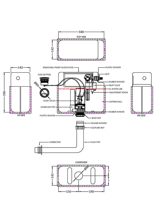 Nuie Pneumatic Concealed Cistern with Shroud dimensioned line drawing