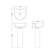 Nuie Provost 420mm basin and pedestal line drawing with dimensions