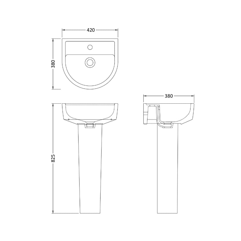 Nuie Provost 420mm basin and pedestal line drawing with dimensions