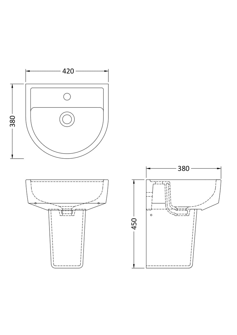Nuie Provost 420mm basin and semi pedestal line drawing with dimensions