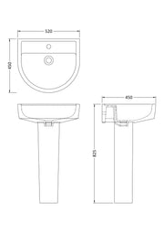 Nuie Provost 520mm basin and pedestal line drawing with dimensions