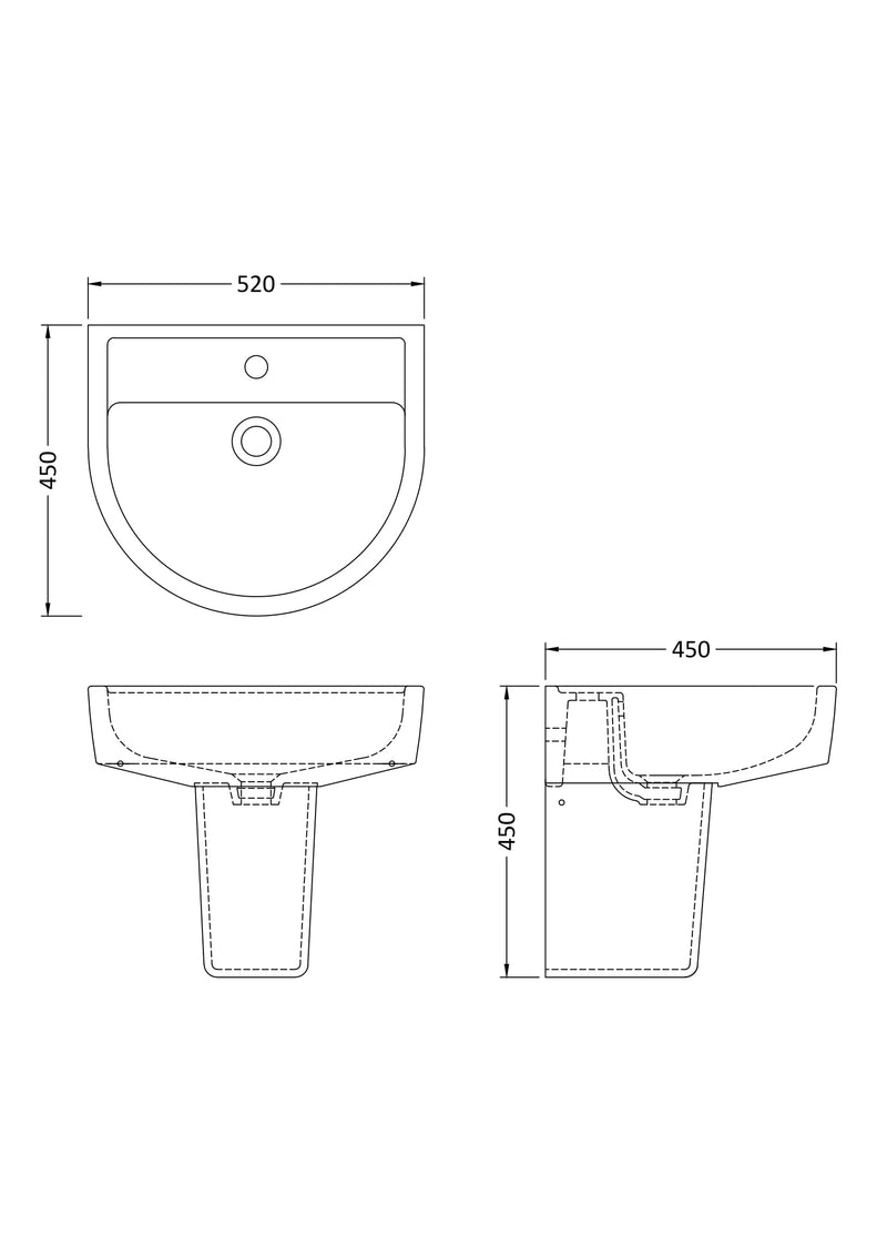 Nuie Provost 520mm basin and semi pedestal line drawing with dimensions