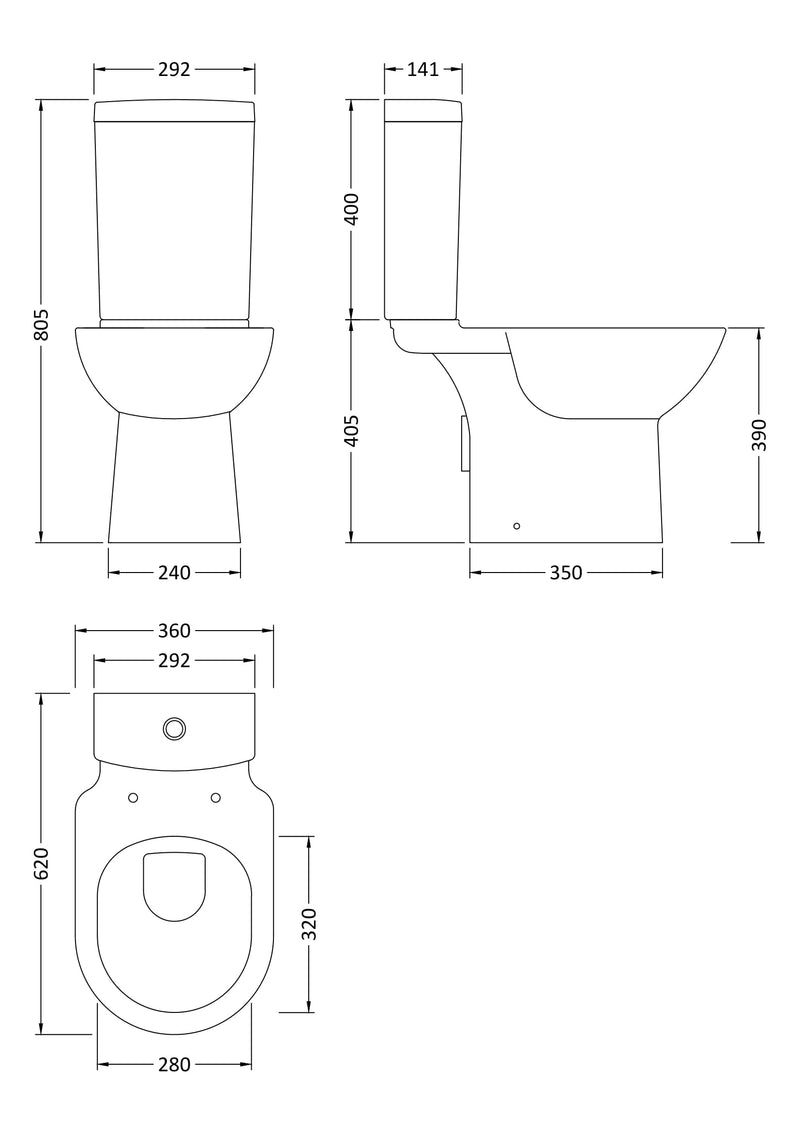 Nuie Provost short projection close coupled toilet line drawing with dimensions