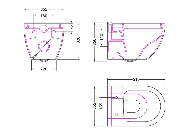 Nuie Provost wall hung toilet pan line drawing with dimensions