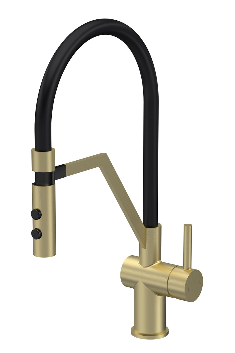 Nuie Ravi Kitchen Mixer Tap with Magnetic Rinser Single Lever in Brushed Brass (KRA805SLA)