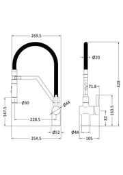 Nuie Ravi Kitchen Mixer Tap with Magnetic Rinser Single Lever line drawing