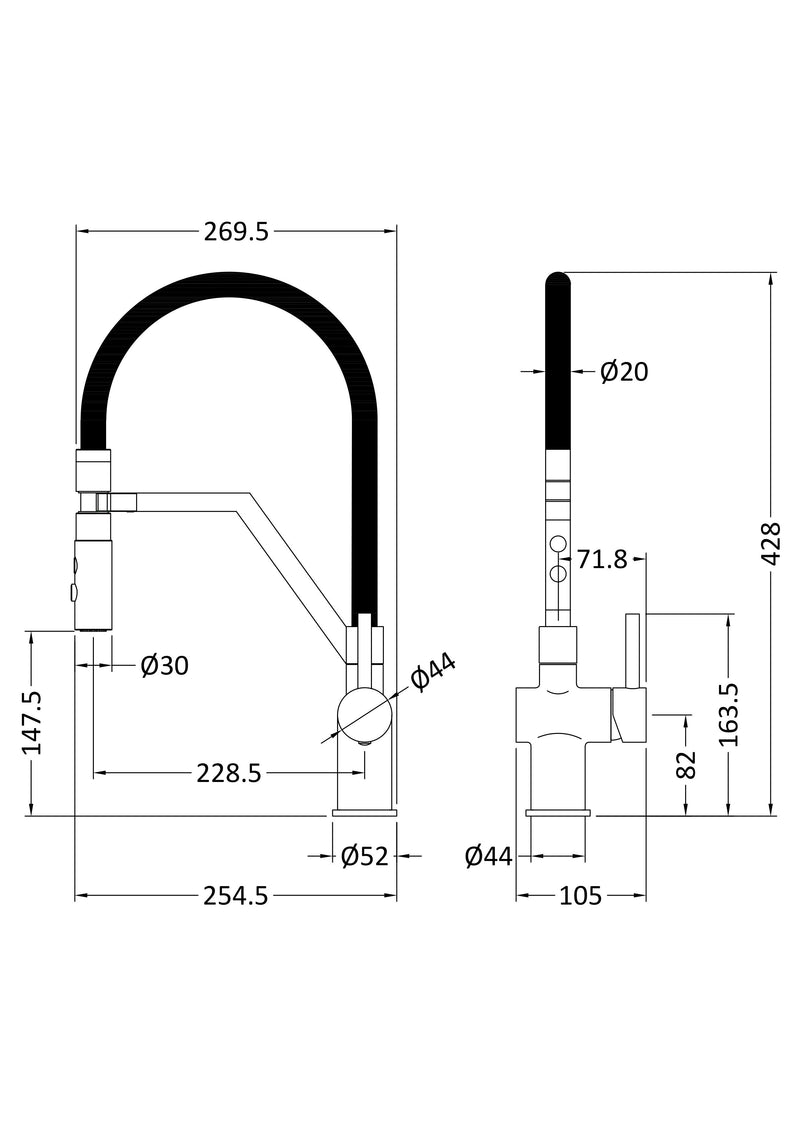 Nuie Ravi Kitchen Mixer Tap with Magnetic Rinser Single Lever line drawing