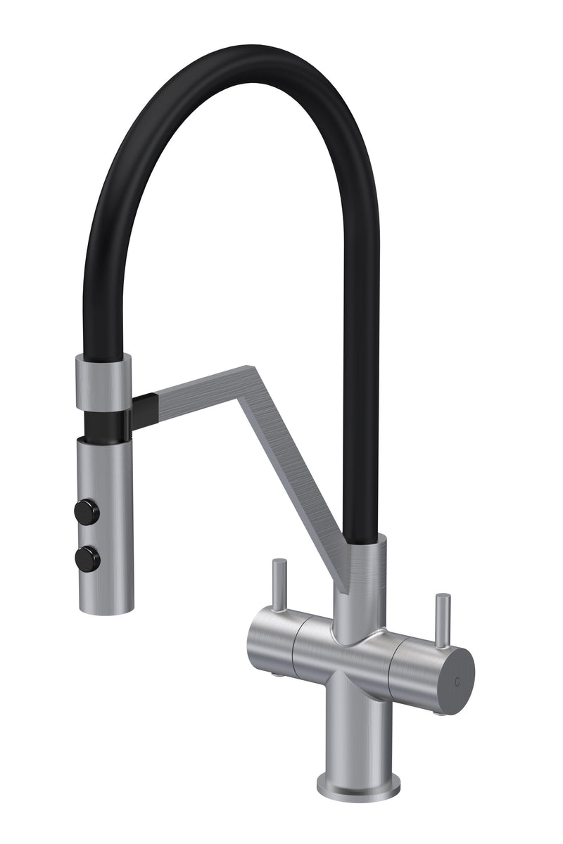 Nuie Ravi Kitchen Mixer Tap with Magnetic Rinser Twin Lever in Brushed Nickel (KRA605DLA)