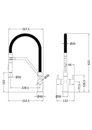 Nuie Ravi Kitchen Mixer Tap with Magnetic Rinser Twin Lever line drawing