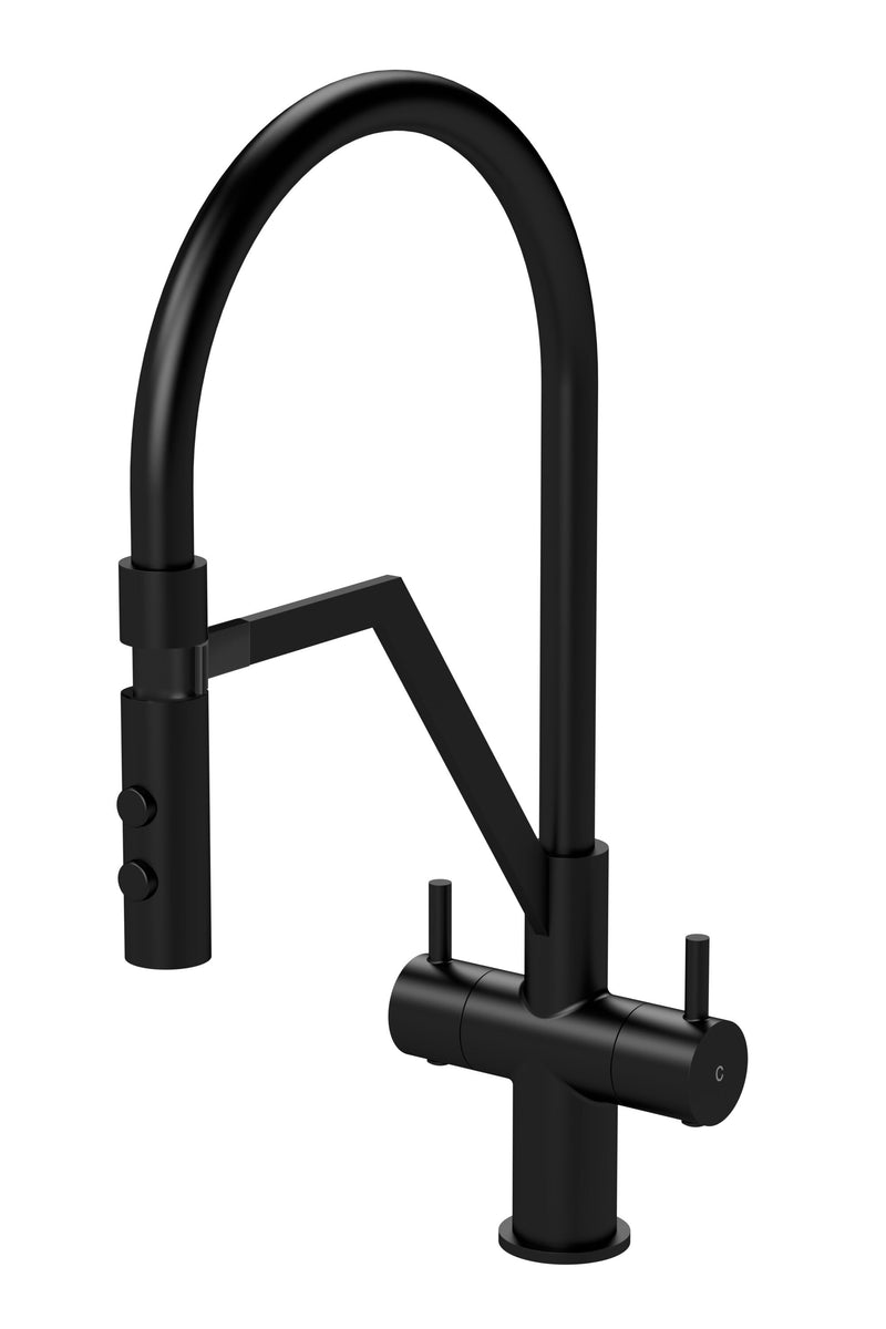 Nuie Ravi Kitchen Mixer Tap with Magnetic Rinser Twin Lever in Matt Black (KRA405DLA)