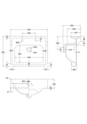 Nuie Richmond 560mm Basin 2 Tap Holes White (NCS884) line drawing