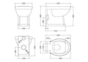 Nuie Richmond traditional back to wall toilet pan line drawing with dimensions