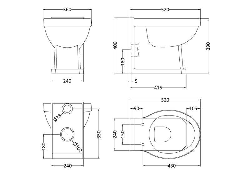 Nuie Richmond traditional back to wall toilet pan line drawing with dimensions