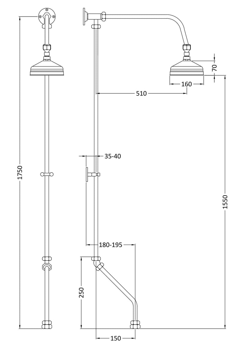 Nuie Rigid Riser Shower Kit Chrome (AK305) line drawing