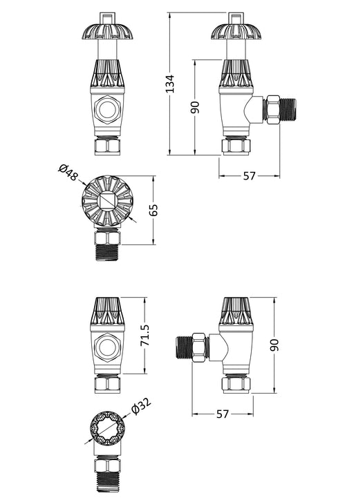 Nuie Antique Brass Thermostatic Radiator Valve Pack dimensions line drawing