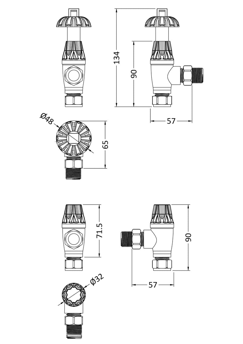Nuie Satin Nickel Thermostatic Radiator Valve Pack dimensions line drawing