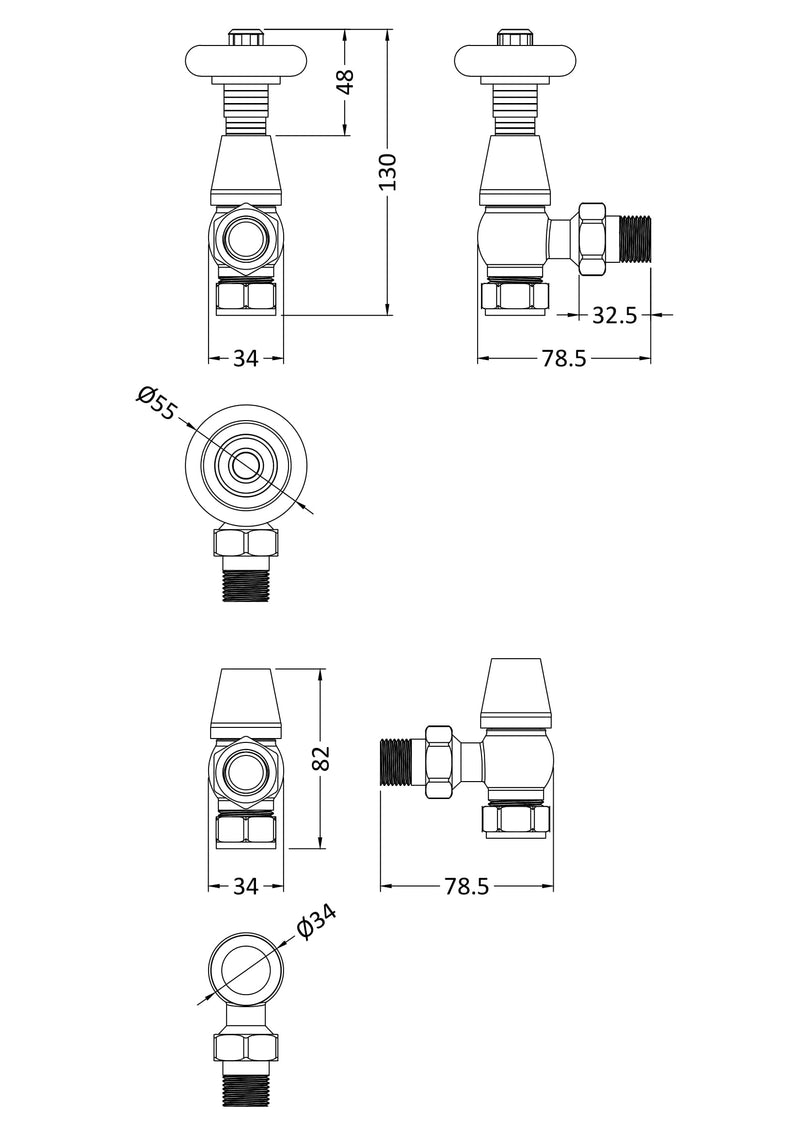 Nuie Camden Antique Brass Angled Thermostatic Radiator Valve dimensions line drawing
