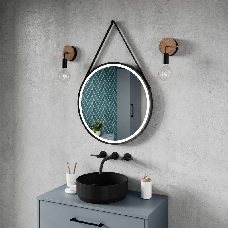 Nuie Salana 600mm round LED touch sensor mirror in a modern bathroom