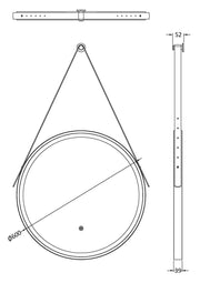 Nuie Salana 600mm round LED touch sensor mirror dimensions diagram