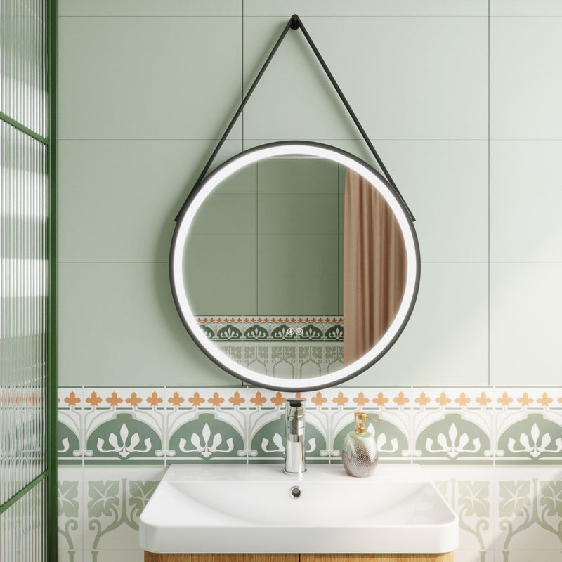 Nuie Salana 800mm round LED touch sensor mirror in a modern bathroom