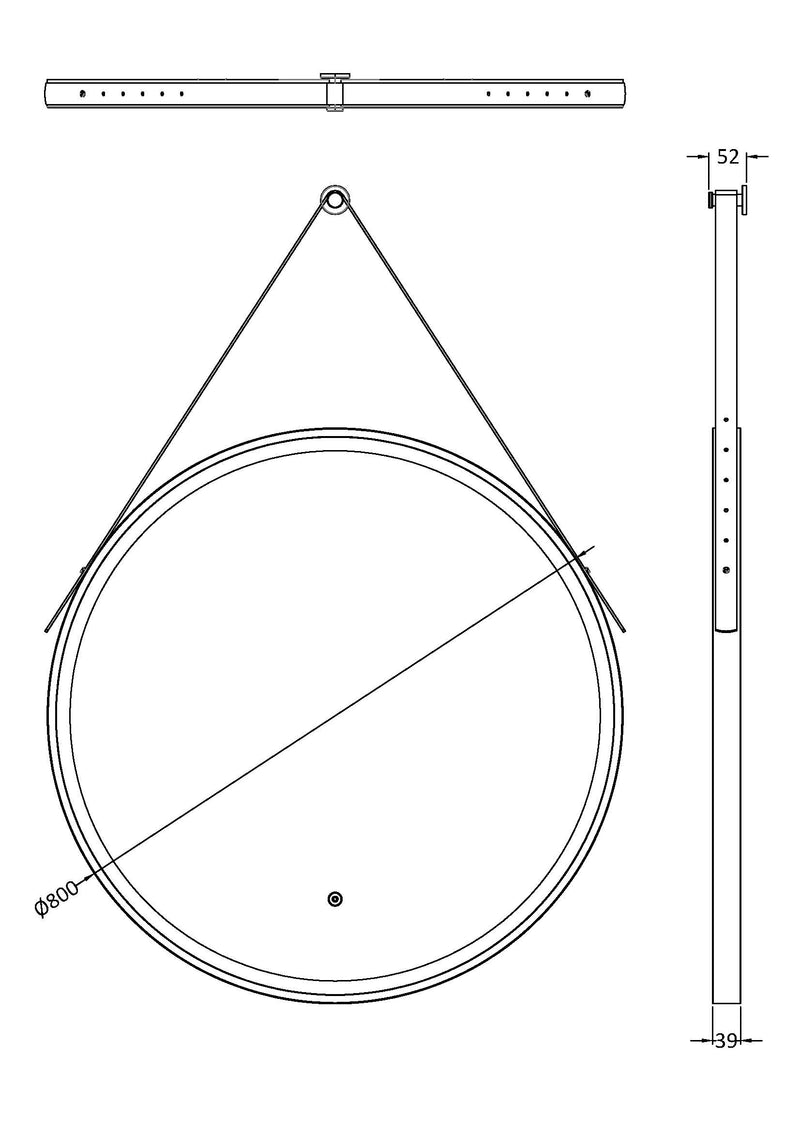 Nuie Salana 800mm round LED touch sensor mirror dimensions diagram