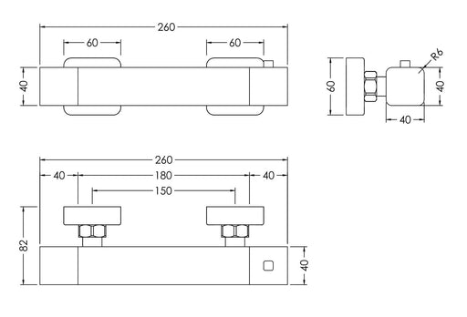 Nuie Sanford Chrome Thermostatic Bar Shower Valve dimensions line drawing