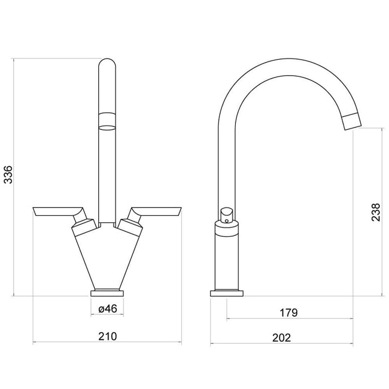 Nuie Sarani Compact Two Handle Kitchen Mixer Tap line drawing