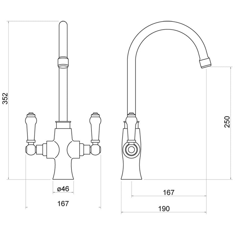 Nuie Sarani Two Handle Kitchen Mixer Tap line drawing