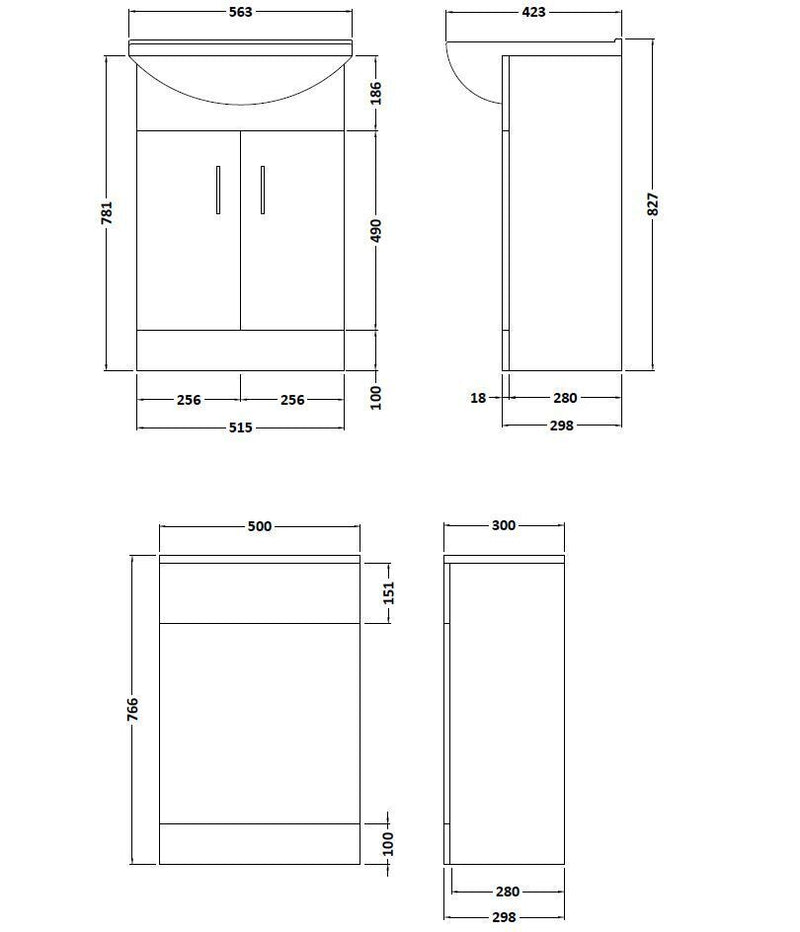 Nuie Saturn 1050mm Floor Standing Vanity Unit with Square Basin Gloss White (FMD001) line drawing